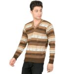 Men Woolen V-Neck Printed Self Design Pullover Heavy Rainbow Fabric Winter Wear Pure Wool Cardigan for Men(Brown)