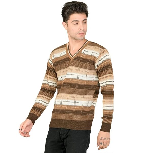 Men Woolen V-Neck Printed Self Design Pullover Heavy Rainbow Fabric Winter Wear Pure Wool Cardigan for Men(Brown)