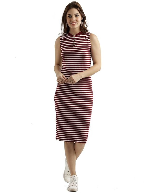 Women's Comfortable Round Neck Sleeveless Striped Midi Bodycon Dress with Zipper(Maroon and White)