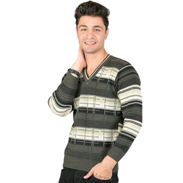 Men Woolen V-Neck Printed Self Design Pullover Heavy Rainbow Fabric Winter Wear Pure Wool Cardigan for Men(Green)