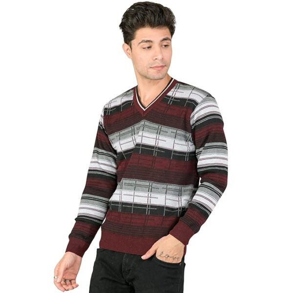 Men Woolen V-Neck Printed Self Design Pullover Heavy Rainbow Fabric Winter Wear Pure Wool Cardigan for Men(Maroon)