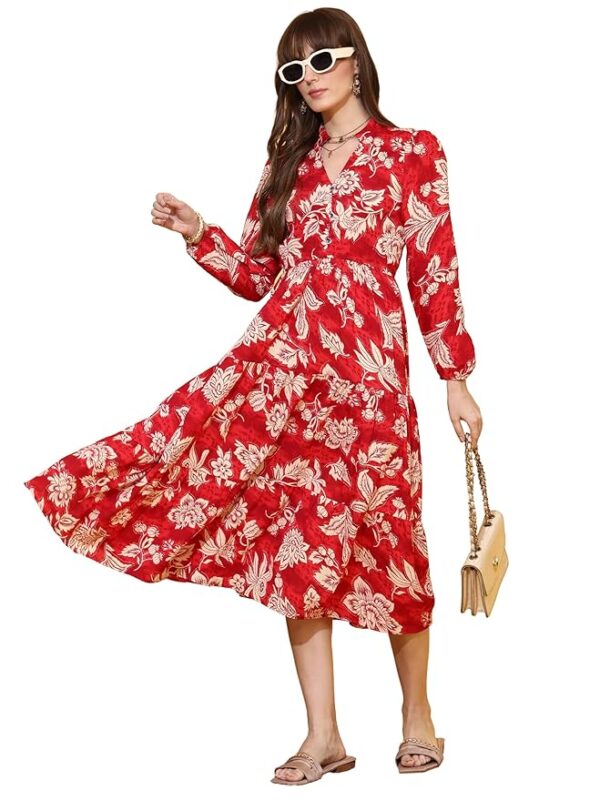Women's Casual Full Sleeve Crepe Fit & Flare Dress | Comfortable Relaxed Fit Summer Party Dress(Red)