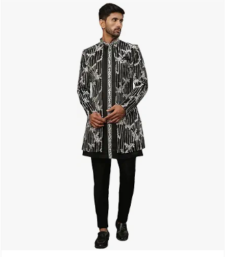 Men Black Embroidered Indo-Western Set