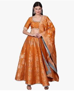 Women's Jacquard Printed Embellished Jacquard Flared Crop Top, Skirt and Dupatta Set