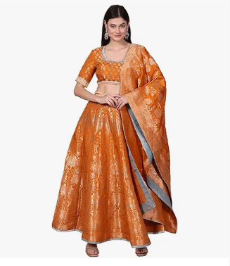 Women's Jacquard Printed Embellished Jacquard Flared Crop Top, Skirt and Dupatta Set