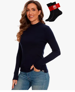 Merino Wool Base Layer Women - 100% Merino Wool Shirts for Women Long Sleeve Thermal Top Turtle Neck Shirt