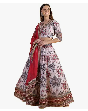 Women's White Embroidered Beads Straight Blouse Top & Skirt with Dupatta Set